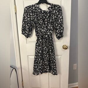 Calvin Klein Black and White (ecru) Puff Sleeve Faux Wrap Dress - Size 10